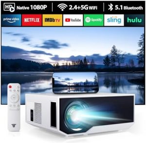 2024 Newest Projector with Wifi Bluetooth, 15000lux 500ANSI Native 1080P Bluetooth Mini Projector For Outdoor Home Movie 300″, Compatible with Iphone Android / Ipad/ Laptop/ TV Stick