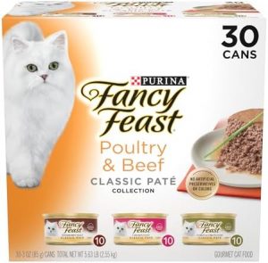 Fancy Feast Poultry and Beef Feast Classic Pate Collection Grain Free Wet Cat Food Variety Pack – (Pack of 30) 3 oz. Cans