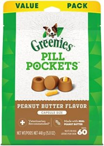 Greenies Pill Pockets for Dogs Capsule Size Natural Soft Dog Treats with Real Peanut Butter, 15.8 oz. Pack (60 Treats)