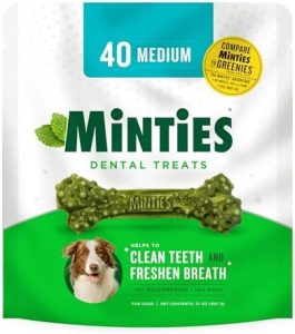 Minties Dental Chews for Dogs, 40 Count, Vet-Recommended Mint-Flavored Dental Treats for Medium Dogs 25-50 lbs, Dental Bones Clean Teeth, Fight Bad Breath, and Removes Plaque and Tartar