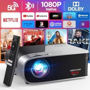 [Netflix Officially-Licensed] Smart Projector with 5G WiFi and Bluetooth, DBPOWER Native 1080p Projector Built-in Netflix, Youtube, Prime Video, Hulu, Disney+ Apps, 500ANSI Movie Projector with Dolby