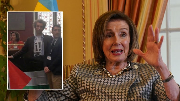 Protesters disrupt Pelosi’s speech at university, call her a warmonger.