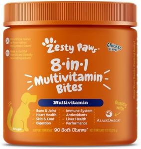 Zesty Paws Multivitamin Treats for Dogs – Glucosamine Chondroitin for Joint Support + Digestive Enzymes & Probiotics – Grain Free Dog Vitamin for Skin & Coat + Immune Health – Chicken Flavor – 90ct
