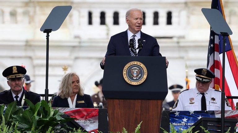 Biden talks about supporting police and gun control at memorial service.