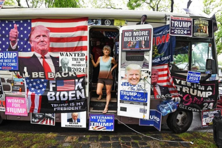 Donna Elden travels around the US in a RV to sell MAGA merchandise at Trump rallies.