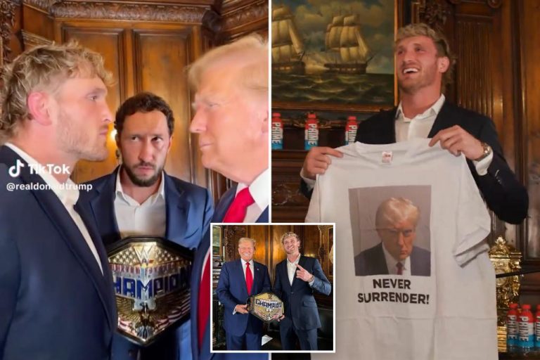 Donald Trump gives Logan Paul a T-shirt with his own mugshot on it.