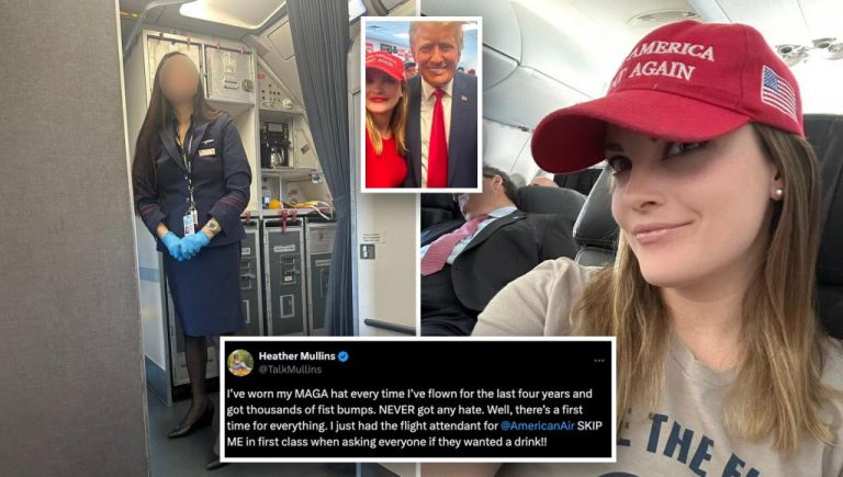 Trump supporter claims flight attendant ignored her drink order because of her MAGA-hat.