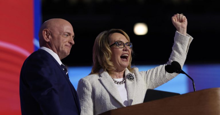 Gabby Giffords and Sen. Mark Kelly support Harris and criticize Trump in DNC speeches.