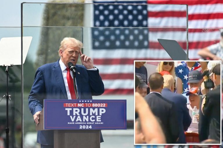 Trump leaves protective enclosure to hug overheated supporter