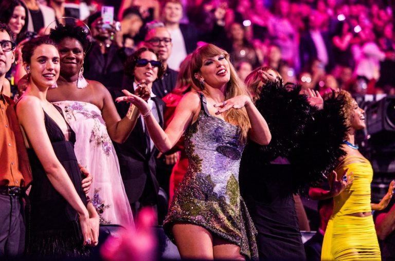 Taylor Swift dances to Katy Perry’s song “Teenage Dream” at the 2024 VMAs. Watch here.