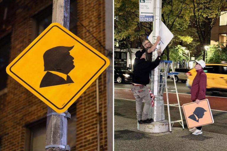 Artist Scott LoBaido puts up ‘Trump Crossing’ signs in New York City.