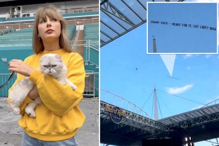 Trump supporter in Florida mocks Taylor Swift with plane sign at Miami Hard Rock Stadium.